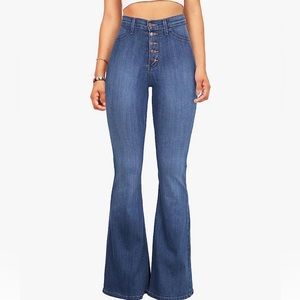 Women’s Flare Denim Jeans – High Waisted Button Up Bell Bottom Stretch